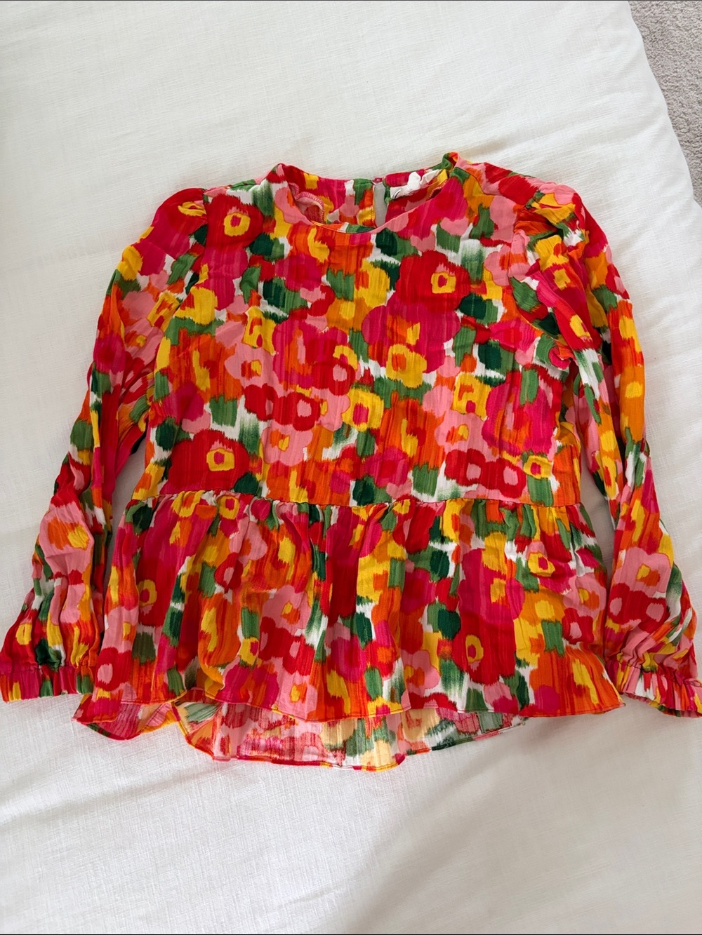 Pomander Place Bright Floral Long-Sleeve Peplum Top - Red Pink Yellow Green